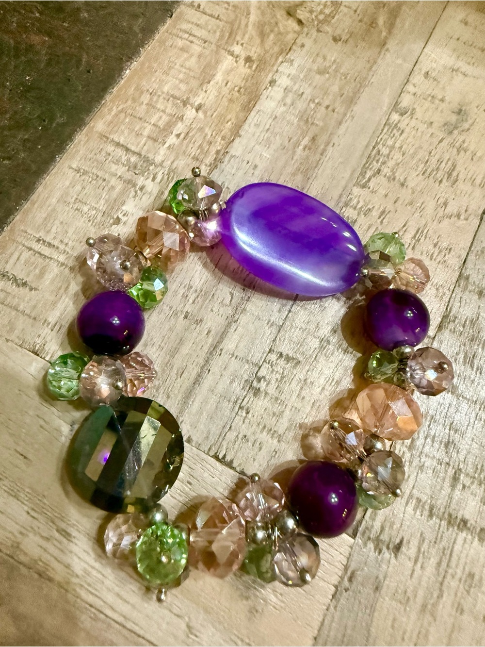 Vintage 90s Y2K Beaded Cluster Stretch Bracelet Purple Cat's Eye Olive Green